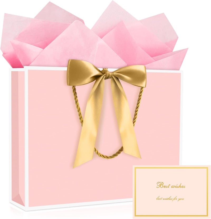 JMANNI Gift Bags, 1PCS Gift Bags Large with Ribbon and 1 Greeting Cards 2 Tissue Paper, Portable Paper Gift Bag with Handles, Birthday Gift Bags,Present Bags for Wedding Party Mothers Day - Image 1